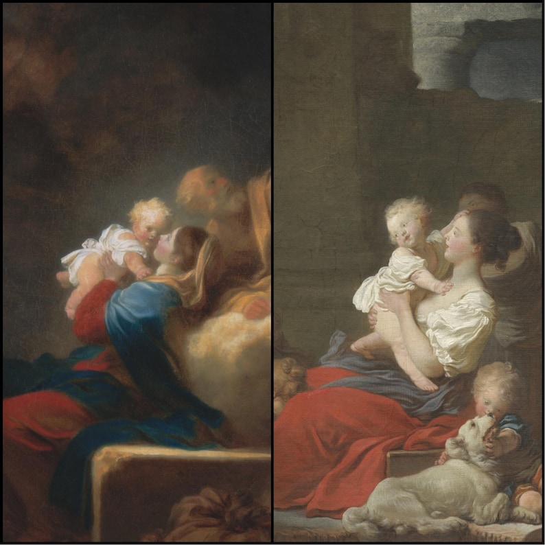 May include: A classical painting depicting a family scene. A woman holds a child, while another child plays with a dog. The artwork features soft colors and a warm, intimate atmosphere, with figures draped in flowing fabrics.
