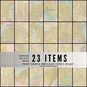 May include: A collection of 23 vintage US city maps from "Cram's Unrivaled Family Atlas." The maps feature a beige and light blue color scheme, with detailed city layouts. The text "23 ITEMS" is prominently displayed.