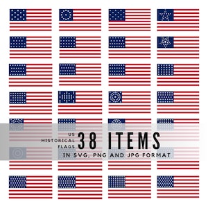 38 Historical U.S.A. Flags SVG PNG JPG, American Flag Evolution 1607 1960, Vintage U.S.A. Flags Bundle, Patriotic Clipart