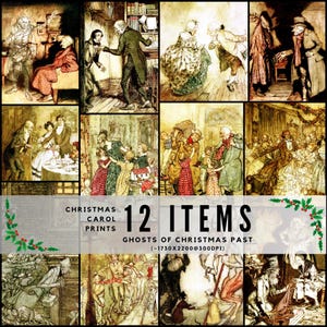 May include: A collection of 12 antique prints illustrating scenes from "A Christmas Carol." The prints feature illustrations in muted tones of brown, green, and red, with text that reads "Christmas Carol Prints" and "Ghosts of Christmas Past."