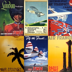 High-resolution preview of vintage airline travel posters from the mid-20th century, featuring iconic carriers like Pan Am, TWA, Air France, and KLM. Includes vibrant retro illustrations, luxury aircraft designs, exotic destinations, and elegant typography. Ideal for collectors, aviation fans, scrapbookers, and designers seeking digital downloads that celebrate the golden age of air travel with timeless visual charm.
