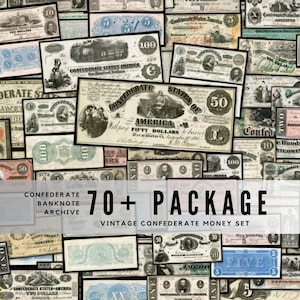 May include: A collection of vintage Confederate banknotes, featuring various denominations and designs. The image includes text that reads "70+ PACKAGE" and "VINTAGE CONFEDERATE MONEY SET". The banknotes are in shades of green, blue, and brown.