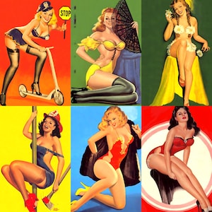 Digital collage of 700+ vintage pinup posters spanning mid-20th-century glamour, featuring iconic figures like Bettie Page, Marilyn Monroe, and Rita Hayworth. Playful poses and nostalgic styling evoke the charm of 1950s classic pinup art. Includes retro fashion, sultry expressions, and stylized compositions—perfect for junk journaling, scrapbooking, wall décor, and collectors of vintage illustration and pop culture ephemera.