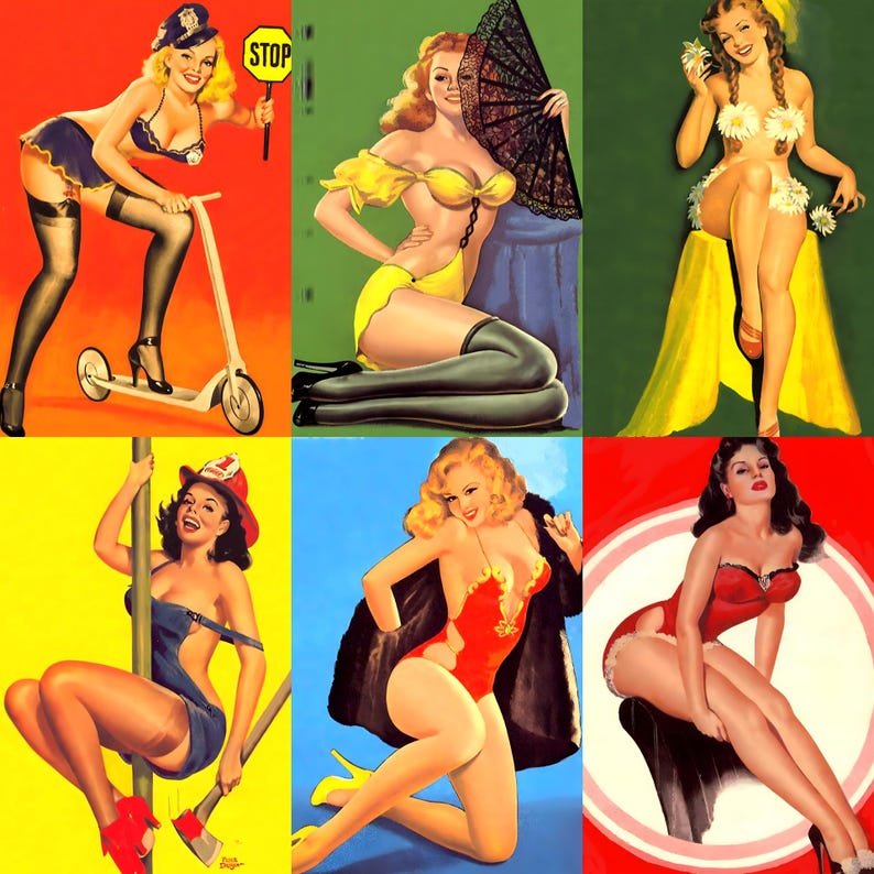 Digital collage of 700+ vintage pinup posters spanning mid-20th-century glamour, featuring iconic figures like Bettie Page, Marilyn Monroe, and Rita Hayworth. Playful poses and nostalgic styling evoke the charm of 1950s classic pinup art. Includes retro fashion, sultry expressions, and stylized compositions—perfect for junk journaling, scrapbooking, wall décor, and collectors of vintage illustration and pop culture ephemera.