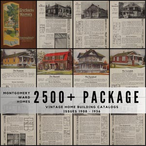 Peut inclure: Une collection de catalogues de construction de maisons vintage de Montgomery Ward, présentant des illustrations de divers modèles de maisons. Les catalogues, couvrant les numéros de 1908 à 1936, présentent des styles architecturaux et des plans d'étage. La couverture indique "Wardway Homes".