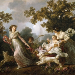 May include: An oil painting depicts a garden scene with three women, a child, and two dogs. The women are in flowing gowns, one holding a ribbon. The child sits in a decorative carriage. The dogs are white and fluffy. The background features trees and a waterfall.