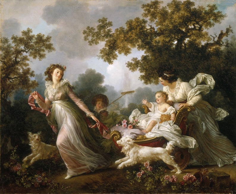 May include: An oil painting depicts a garden scene with three women, a child, and two dogs. The women are in flowing gowns, one holding a ribbon. The child sits in a decorative carriage. The dogs are white and fluffy. The background features trees and a waterfall.