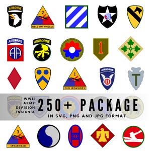 250+ WWII US Army Abteilung Insignia SVG PNG JPEG, 101st 82nd Airmarine Big Red One, Militär Aufnäher Clipart Bundle