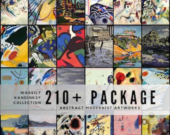 May include: A collection of abstract modernist artworks by Wassily Kandinsky. The image displays a grid of colorful paintings, with a variety of shapes and forms. The text "210+ PACKAGE" and "ABSTRACT MODERNIST ARTWORKS" is also visible.