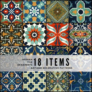 May include: A collection of 18 antique decorative patterns, featuring Afghan tile ornaments. The tiles showcase intricate designs in various colors, including blue, orange, green, and white. The image includes text that reads "18 ITEMS" and "ANTIQUE DECORATIVE PATTERNS."