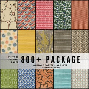 Puede incluir: Una colección de patrones de papel gráfico vintage. La imagen muestra varios patrones antiguos en diferentes colores y diseños, incluyendo estilos florales, geométricos y abstractos. El texto en la imagen dice "800+ PACKAGE ANTIQUE PATTERN ARCHIVE".