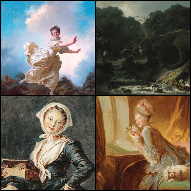 May include: A collage of four classical paintings. The top left shows a woman in a white dress against a cloudy sky. The top right depicts a dark, dramatic landscape. The bottom left features a woman in a blue dress. The bottom right shows a woman with a small dog.