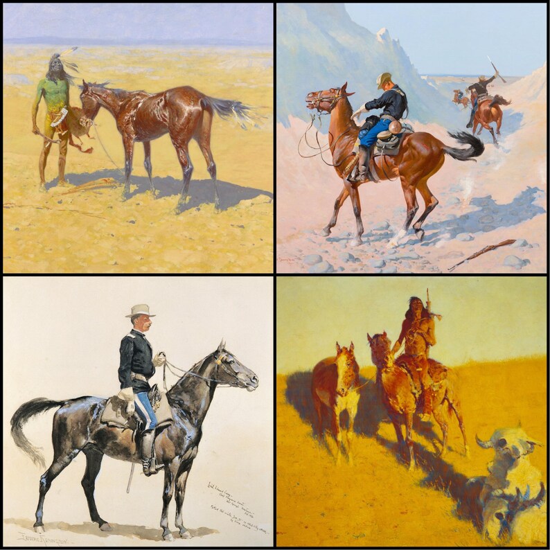 May include: A collection of four paintings depicting scenes of horses and riders. The artwork features Native American figures, soldiers, and horses in various settings, including a desert landscape and a snowy terrain. The paintings are rendered in a realistic style.