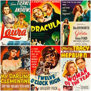 160 vintage movie posters from the 1940s featuring iconic Hollywood stars, film noir classics, and wartime cinema. Includes restored promotional artwork with bold graphics and historic typography. Ideal for collectors, film historians, scrapbookers, and creatives seeking high-quality digital downloads of Golden Age movie advertisements.