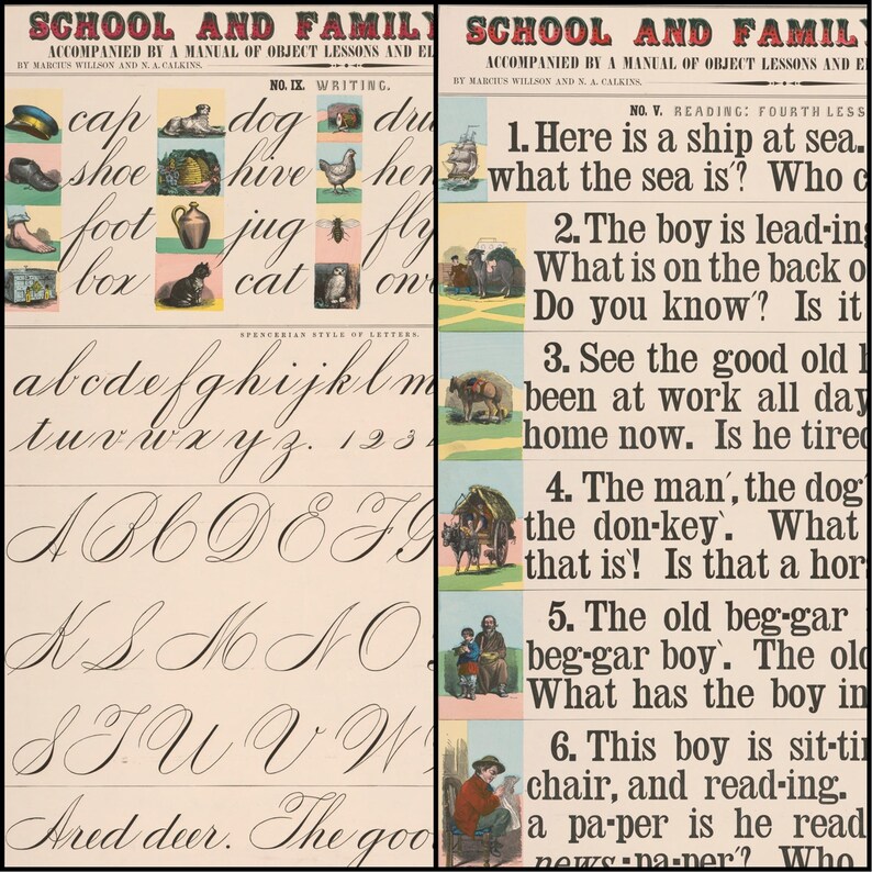 May include: A vintage educational print, "School and Family," with handwriting practice, object lessons, and reading exercises. The print features illustrations and text for learning, including images of objects and scenes.