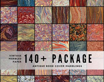 Może przedstawiać: Siatka wzorów papieru marmurkowego w stylu vintage w różnych kolorach, w tym czerwonym, niebieskim i złotym. Obraz zawiera tekst "Vintage Marbled Paper 140+ Package Antique Book Cover Marblings."