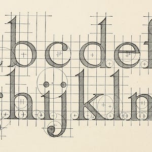 May include: An illustration of the lowercase alphabet, a through m, with each letter meticulously drawn within a grid. The letters are in a serif font, with circles and crosshairs indicating construction points.