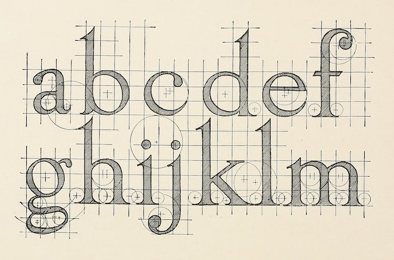 May include: An illustration of the lowercase alphabet, a through m, with each letter meticulously drawn within a grid. The letters are in a serif font, with circles and crosshairs indicating construction points.