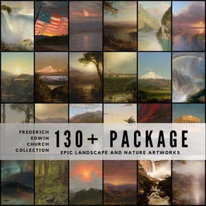 May include: A grid of 20 landscape and nature artworks by Frederick Edwin Church. The images depict waterfalls, mountains, sunsets, and a rainbow. The text reads "130+ PACKAGE EPIC LANDSCAPE AND NATURE ARTWORKS".