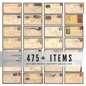 Può includere: Una collezione di buste postali americane vintage, con vari francobolli e indirizzi manoscritti. L'immagine include il testo "475+ ITEMS" e "ANTIQUE POSTAL HISTORY COLLECTION". Le buste sono in varie tonalità di beige e crema.