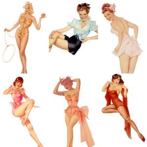 Digital collage of 700+ vintage pinup posters spanning mid-20th-century glamour, featuring iconic figures like Bettie Page, Marilyn Monroe, and Rita Hayworth. Playful poses and nostalgic styling evoke the charm of 1950s classic pinup art. Includes retro fashion, sultry expressions, and stylized compositions—perfect for junk journaling, scrapbooking, wall décor, and collectors of vintage illustration and pop culture ephemera.