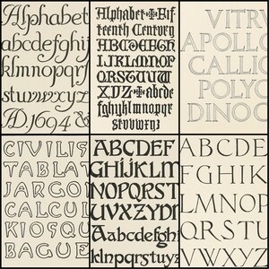 May include: A collection of typography samples, showcasing various fonts and lettering styles. The image features different alphabets, including serif and gothic fonts, with examples of uppercase and lowercase letters. The background is a light beige color.