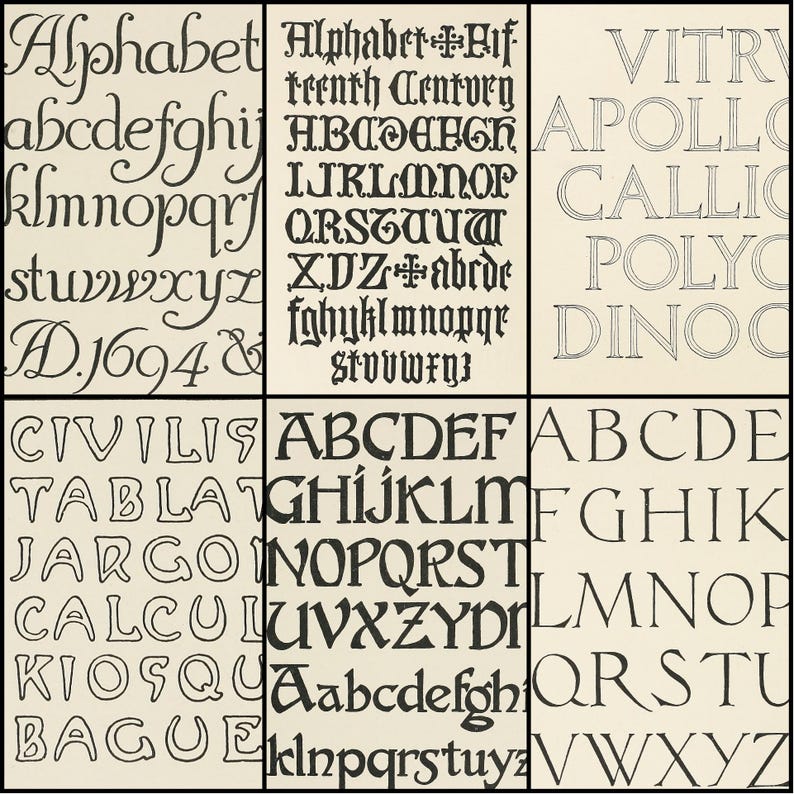 May include: A collection of typography samples, showcasing various fonts and lettering styles. The image features different alphabets, including serif and gothic fonts, with examples of uppercase and lowercase letters. The background is a light beige color.