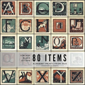May include: A set of vintage alphabet prints from 1920, each showcasing a letter within a decorative square. The prints use colours like red, green, and black. The text "80 ITEMS" is displayed. The prints are in a grid layout.