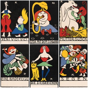 May include: A set of six vintage art prints with black backgrounds. Each print features colorful, stylized figures and text in white. The prints depict various scenes, including figures with animals and text such as "VENI VIDI VICI" and "MUTTER GLUCK".