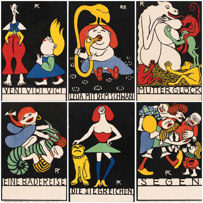 May include: A set of six vintage art prints with black backgrounds. Each print features colorful, stylized figures and text in white. The prints depict various scenes, including figures with animals and text such as "VENI VIDI VICI" and "MUTTER GLUCK".