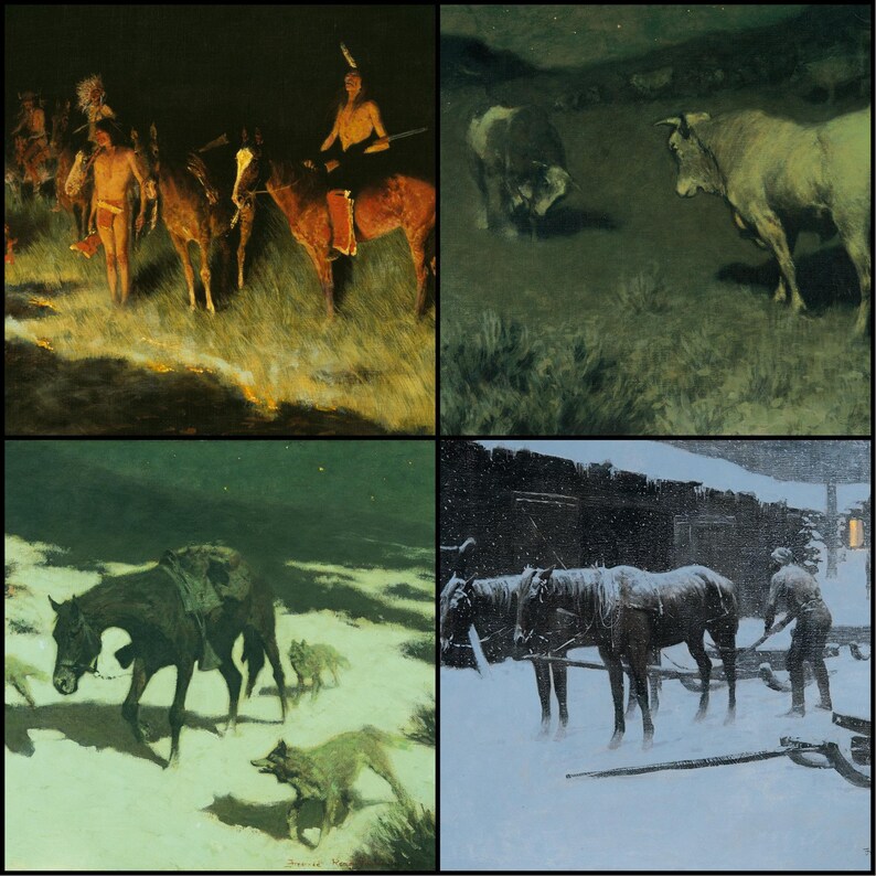 May include: A four-panel painting depicting scenes of Native American life and the American West. The panels show figures on horseback, bison, wolves, and a man shoveling snow near a building. The artwork is rendered in muted tones.