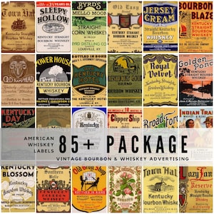 Peut inclure: Une collection de plus de 85 étiquettes vintage de whisky et de bourbon américains présentant une typographie variée, des illustrations de paysages, d'animaux et de bâtiments, avec des noms de marques comme Town Hat, Sleepy Hollow et Old Kentucky Hotel.