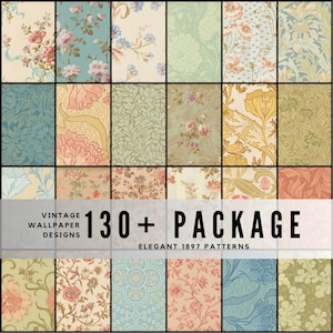 Puede incluir: Una cuadrícula de diseños de papel pintado vintage con patrones florales y botánicos en varios colores, incluyendo rosa, azul, verde y beige. El texto "130+ PACKAGE" y "ELEGANT 1897 PATTERNS" se muestra en el centro.