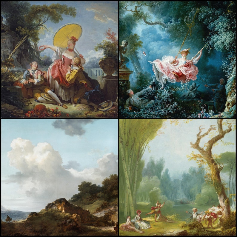 May include: A four-panel image featuring classical paintings. The top left panel depicts figures in a garden setting, the top right shows a woman on a swing, the bottom left a landscape, and the bottom right a park scene.
