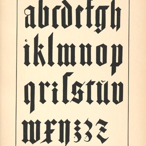 May include: A page from a book featuring a black gothic alphabet. The letters are displayed in rows, with the text "XVI Si&egrave;cle. &Eacute;cole Allemande. - ALBERT D&Uuml;RER. Pl. 8." at the top. The background is a cream color.