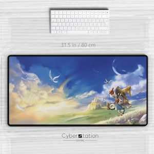 Peut inclure: Un grand tapis de souris rectangulaire avec un motif de paysage fantastique, mesurant 80 cm sur 40 cm. L'œuvre d'art présente un ciel bleu, un arc-en-ciel et un personnage courant sur une colline herbeuse. Un clavier et une souris blancs sont également visibles.