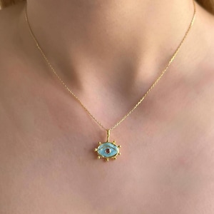 Gold Plated Sterling Silver Evil Eye Necklace: Blue Enamel Protection Jewelry