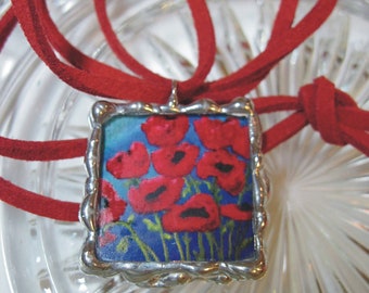 Jewelry Stained Glass Pendant - Bright Red Poppy Pendant - 2 sided Glass square Necklace