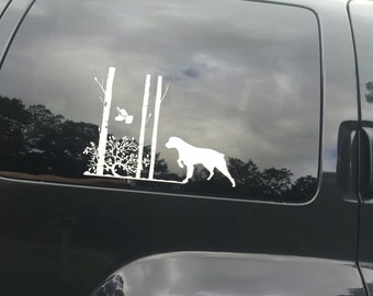Vinyl Car Decal - Brittany Spaniel - Dog with Flushing Grouse and Trees - Dog Decal - Animal Stickers - 9 x 12 - White - or pick the color