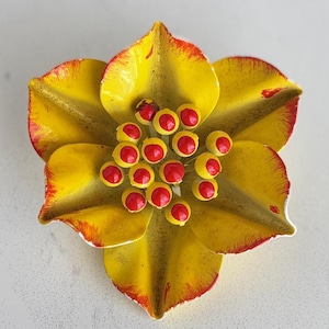 Vintage Mod Enamel Bold Flower, 1960’s Bright Yellow and Orange Brooch, Old Flower Pin, MOD Jewelry,  Flower Power Pin