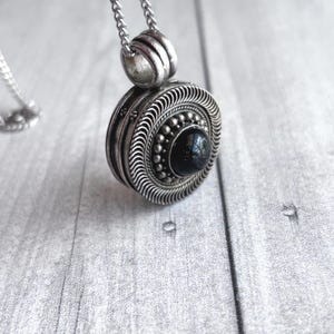 Vintage Silver Pill Box: Onyx Locket Pendant - 19&quot; Chain