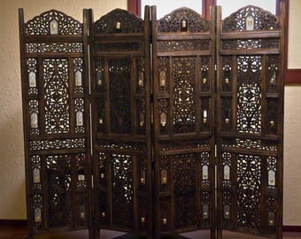Room Divider Wood Screen - Ghanti Bells Antique Brown - 4 Panel Folding, Assembled Hand Carved