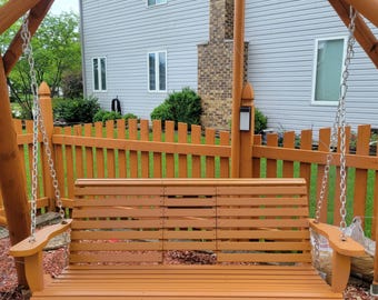 Wooden Porch Swing 3-Seater with Folding Coffee Table Outdoor Patio Swing Bench with Cup Holders & Hanging Chains, Garden Deck Swing Chair