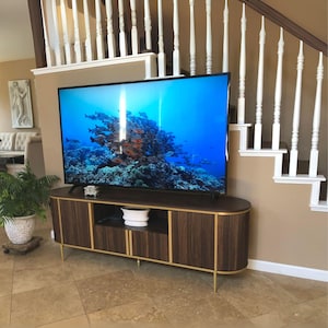 May include: A dark wood TV stand with gold trim and legs. The stand has a curved design and multiple storage compartments. A large flat-screen TV displays an underwater scene. A white plant pot sits on the stand.