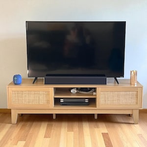 Farmhouse Entertainment Center with Shelves, Cabinets and Sliding Doors, Rustic TV Media Console Table with Solid Wood Feet & Cord Holes