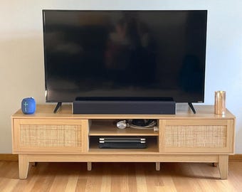Farmhouse Entertainment Center with Shelves, Cabinets and Sliding Doors, Rustic TV Media Console Table with Solid Wood Feet & Cord Holes