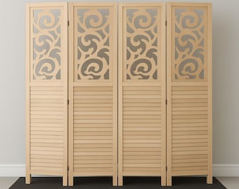 Carved Wooden Room Divider: Folding Privacy Screen Partition
