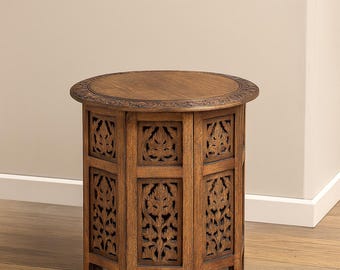 Hand Carved Mango Wood End Table - Boho Accent Table