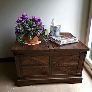 May include: A dark brown wooden storage chest with a hinged lid, featuring decorative metal hardware and a cross-patterned design on the front. The chest is topped with a potted plant with purple flowers, a tissue box, and books.