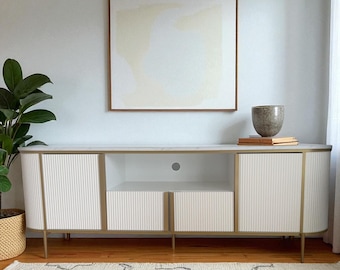 Fluted Fireplace TV Stand: Faux Marble Top, Curved Media Console